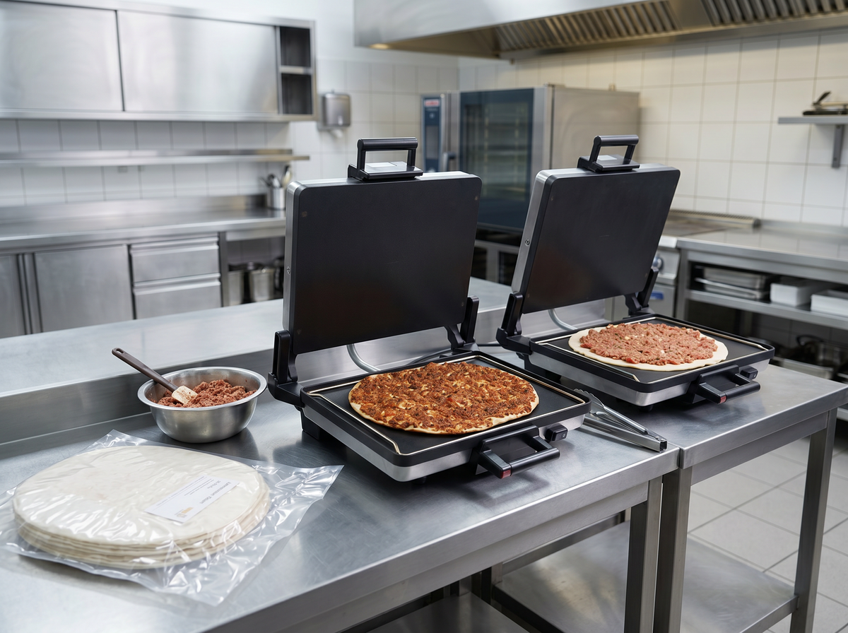 In einer Gastronomie Küche werden Lahmacun im Multigrill fertig gebacken. Dazu wurde der Lahmacun Boden von Yufka Manufaktur verwendet.